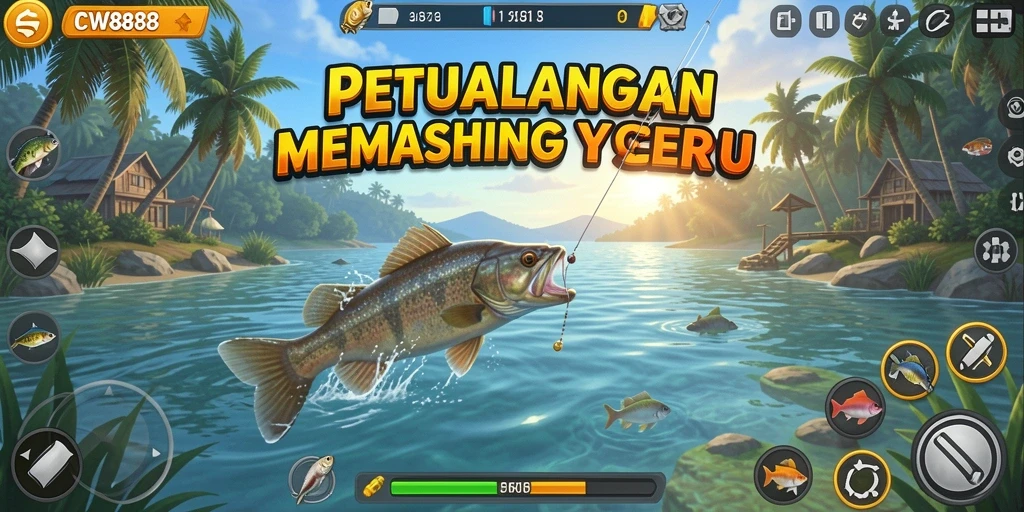 Screenshot gameplay CW8888 menampilkan aksi memancing yang mendebarkan.