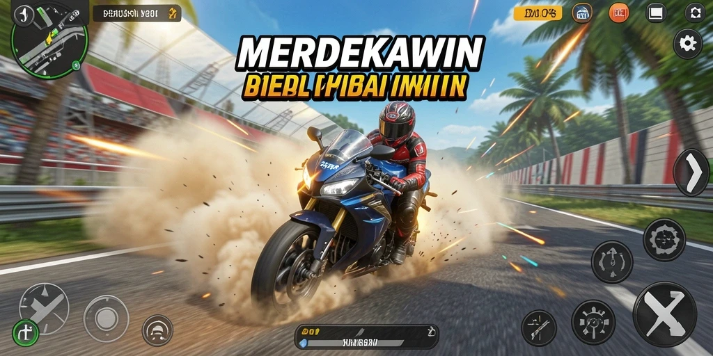 Screenshot MERDEKAWIN menampilkan aksi balapan motor yang intens dan mendebarkan.