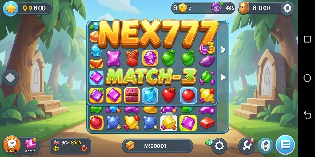 Screenshot NEX777 menunjukkan gameplay Match-3 yang menarik.