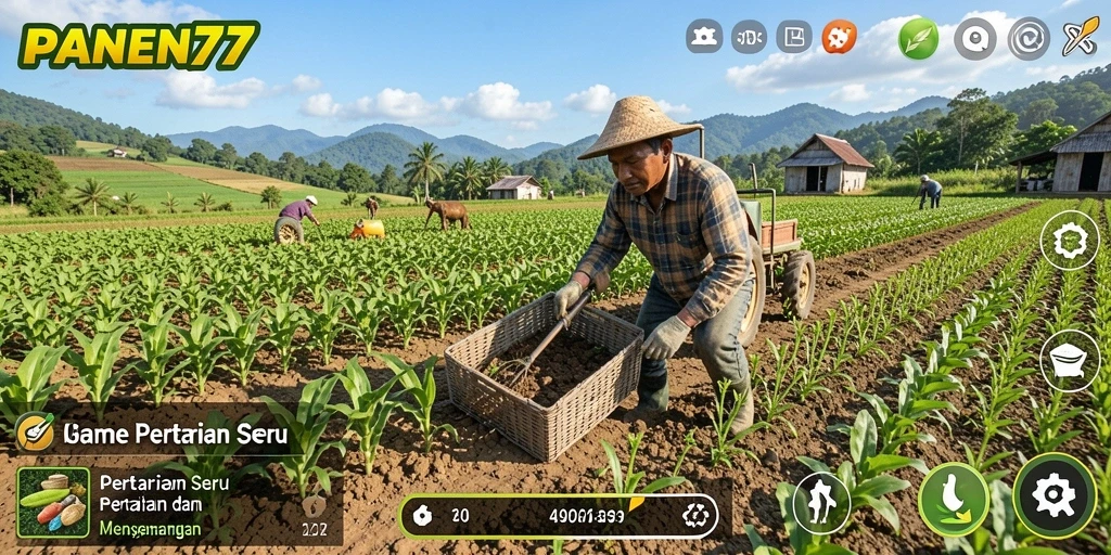 Screenshot gameplay PANEN77 menampilkan kebun indah dan hewan ternak.