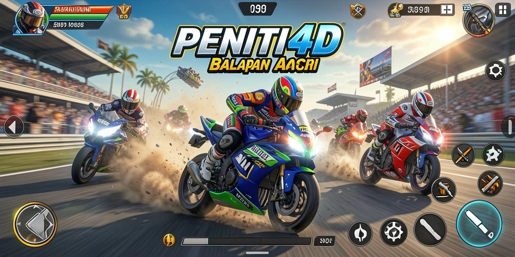 Screenshot gameplay PENITI4D menampilkan aksi balapan motor yang mendebarkan.