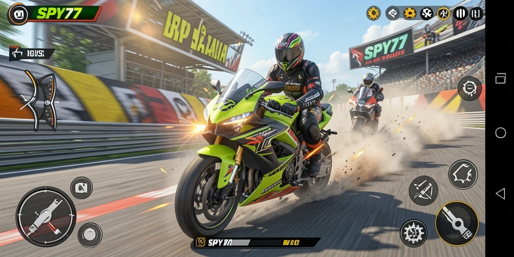Tampilan gameplay SPY77 yang menampilkan balapan motor yang seru.