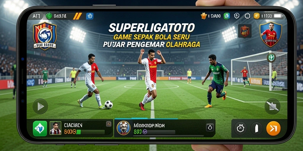 Screenshot gameplay SUPERLIGATOTO menampilkan momen seru dalam pertandingan sepak bola.