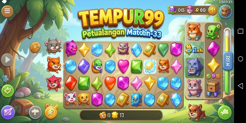 Screenshot utama TEMPUR99 menunjukkan aksi seru dalam permainan Match-3.